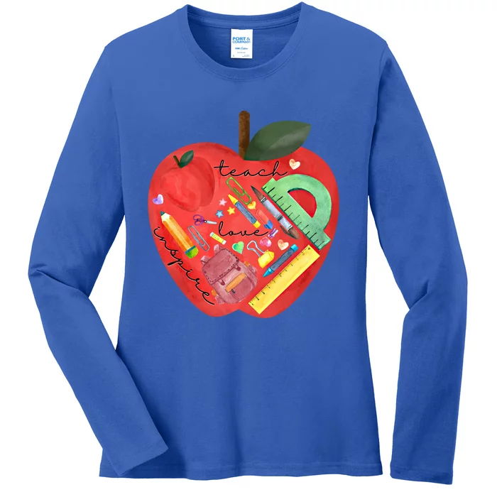 Teach Love Inspire Watercolor Teachers' Day Lettering Gift Ladies Long Sleeve Shirt