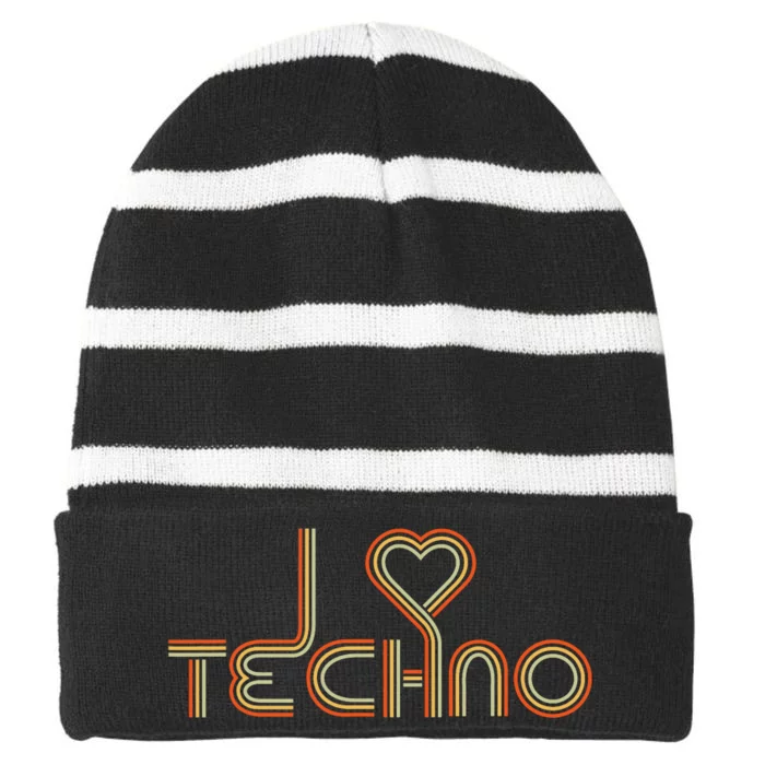 Techno Lover I Love Techno Retro Striped Beanie with Solid Band