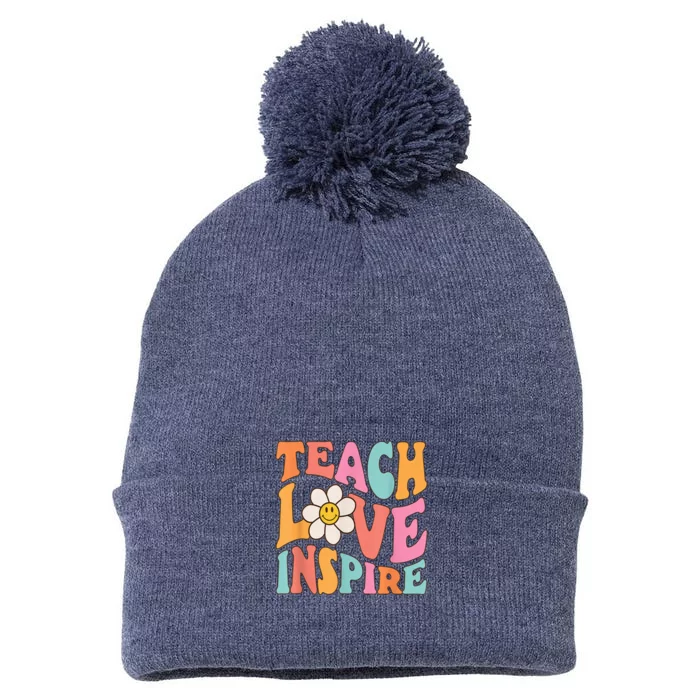 Teach Love Inspire Retro Funny Back To School Teachers Girls Pom Pom 12in Knit Beanie