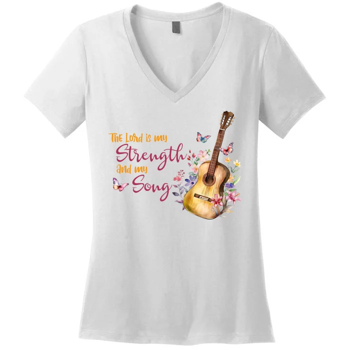 The Lord Is My Strength And My Song Guitar Women's V-Neck T-Shirt