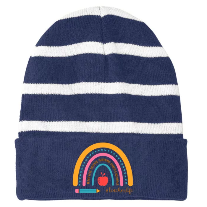 Teacher Life Inspire Rainbow Cute Gift Striped Beanie with Solid Band