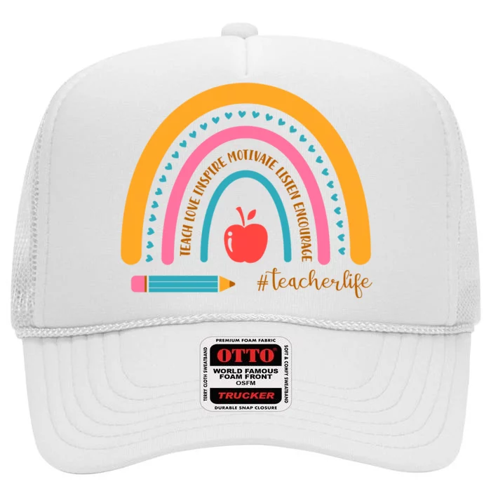 Teacher Life Inspire Rainbow Cute Gift High Crown Mesh Trucker Hat