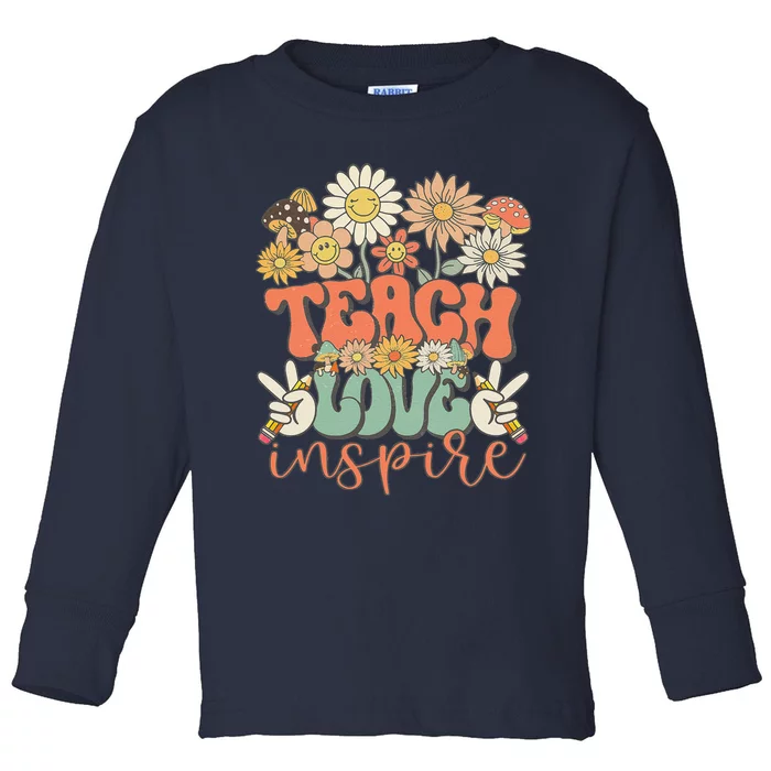 Teach Love Inspire Retro Groovy Daisy Back To School Teacher Toddler Long Sleeve Shirt