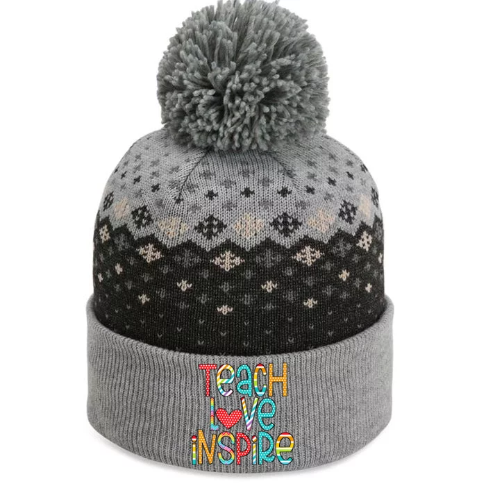 Teach Love Inspire First Day Back To School Teachers Women The Baniff Cuffed Pom Beanie