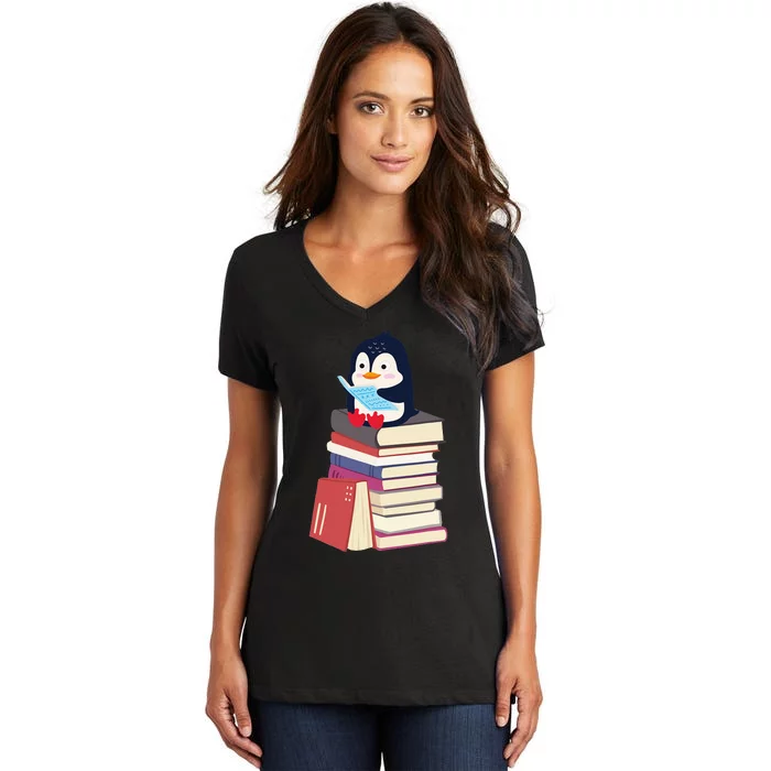 Teacher Librarian Kawaii Penguin Book Lover Penguin Women's V-Neck T-Shirt