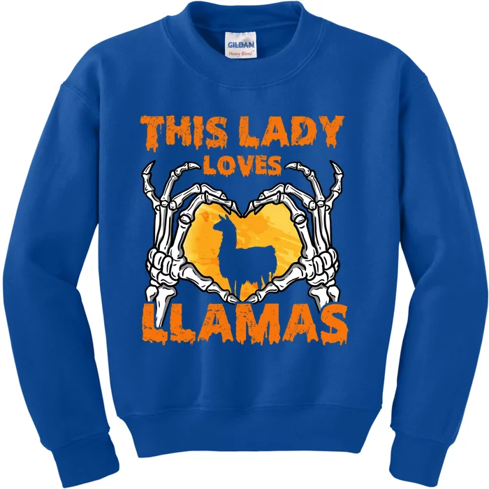 This Lady Loves Llamas Halloween Gift Skeleton Hands Heart Meaningful Gift Kids Sweatshirt