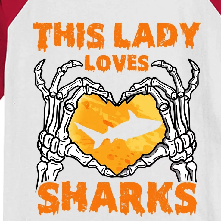 This Lady Loves Sharks Halloween Skeleton Hands Heart Great Gift Kids Colorblock Raglan Jersey