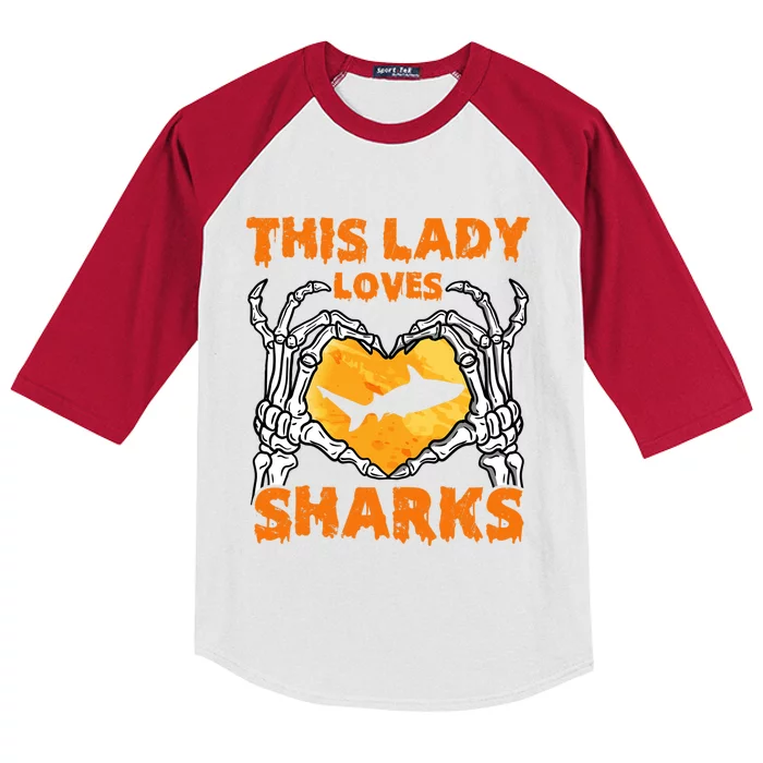 This Lady Loves Sharks Halloween Skeleton Hands Heart Great Gift Kids Colorblock Raglan Jersey