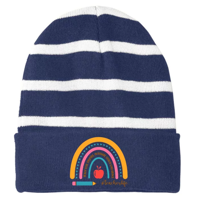 Teacher Life Love Inspire Motivate Rainbow Striped Beanie with Solid Band