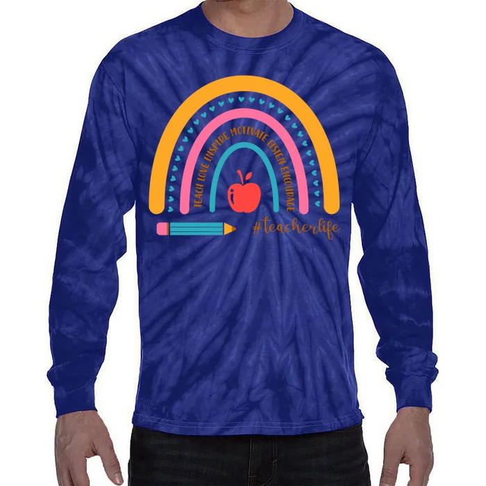 Teacher Life Love Inspire Motivate Rainbow Tie-Dye Long Sleeve Shirt