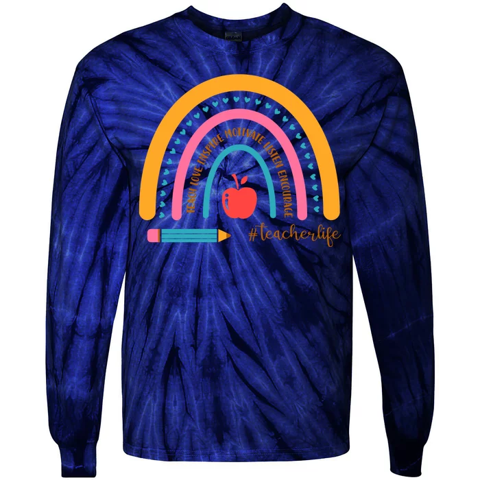 Teacher Life Love Inspire Motivate Rainbow Tie-Dye Long Sleeve Shirt