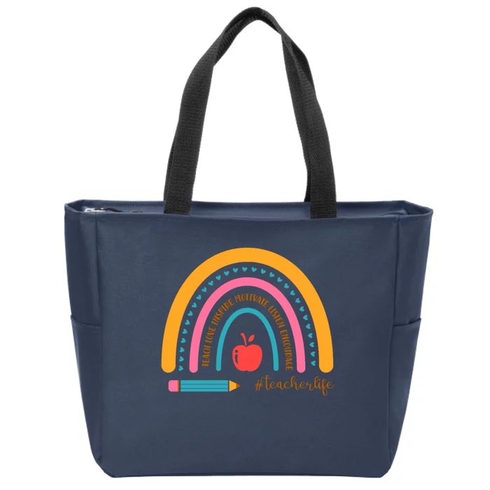 Teacher Life Love Inspire Motivate Rainbow Zip Tote Bag