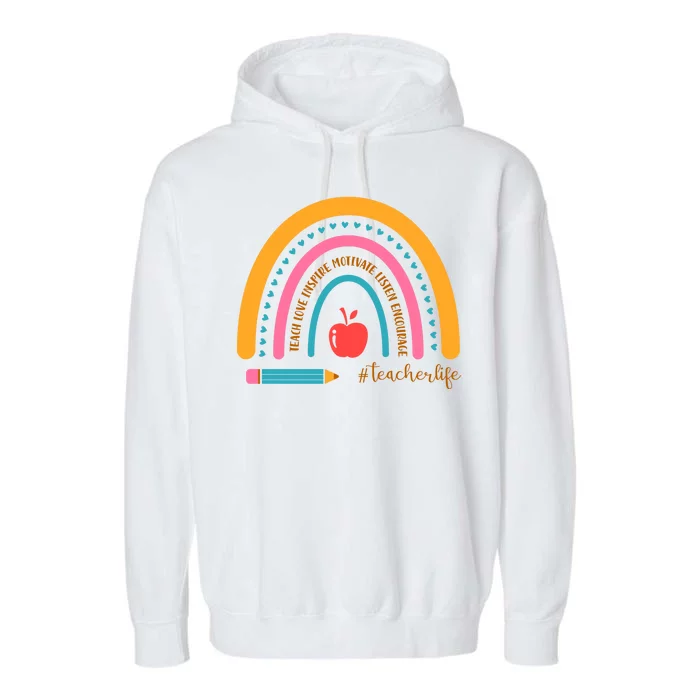 Teacher Life Love Inspire Motivate Rainbow Garment-Dyed Fleece Hoodie