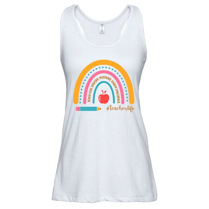 Teacher Life Love Inspire Motivate Rainbow Ladies Essential Flowy Tank