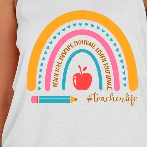 Teacher Life Love Inspire Motivate Rainbow Women's Knotted Racerback Tank