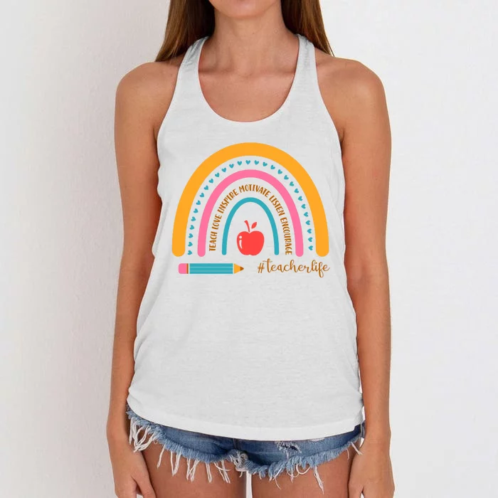 Teacher Life Love Inspire Motivate Rainbow Women's Knotted Racerback Tank