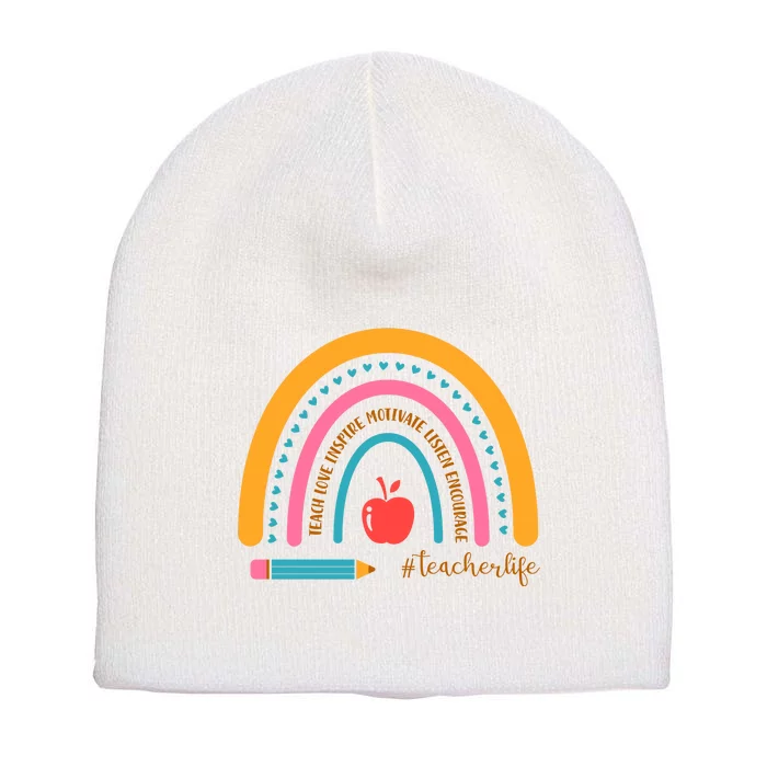 Teacher Life Love Inspire Motivate Rainbow Short Acrylic Beanie