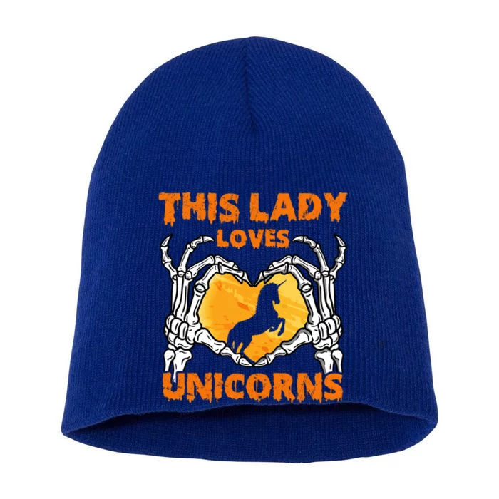 This Lady Loves Unicorn Halloween Skeleton Hands Heart Gift Short Acrylic Beanie