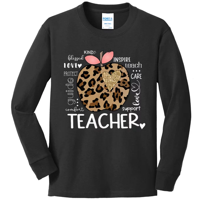 Teacher Life Leopard Apple Teachers Day Kids Long Sleeve Shirt