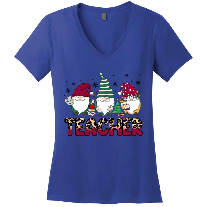 Teacher Leopard Merry Christmas Teacher Gnomes Xmeaningful Giftmas Great Gift Women's V-Neck T-Shirt