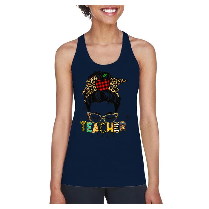 Teacher Life Messy Bun Back To School Leopard Decorative Women's Racerback Tank