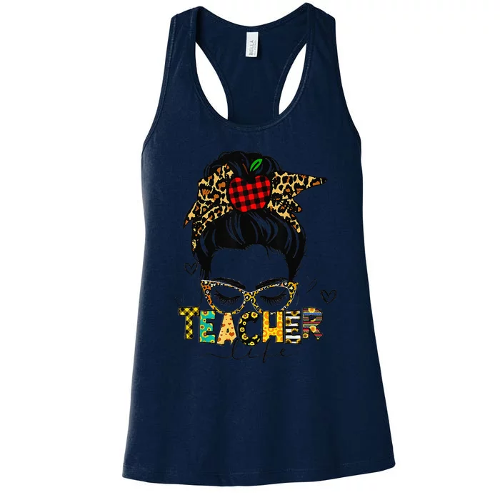 Teacher Life Messy Bun Back To School Leopard Decorative Women's Racerback Tank