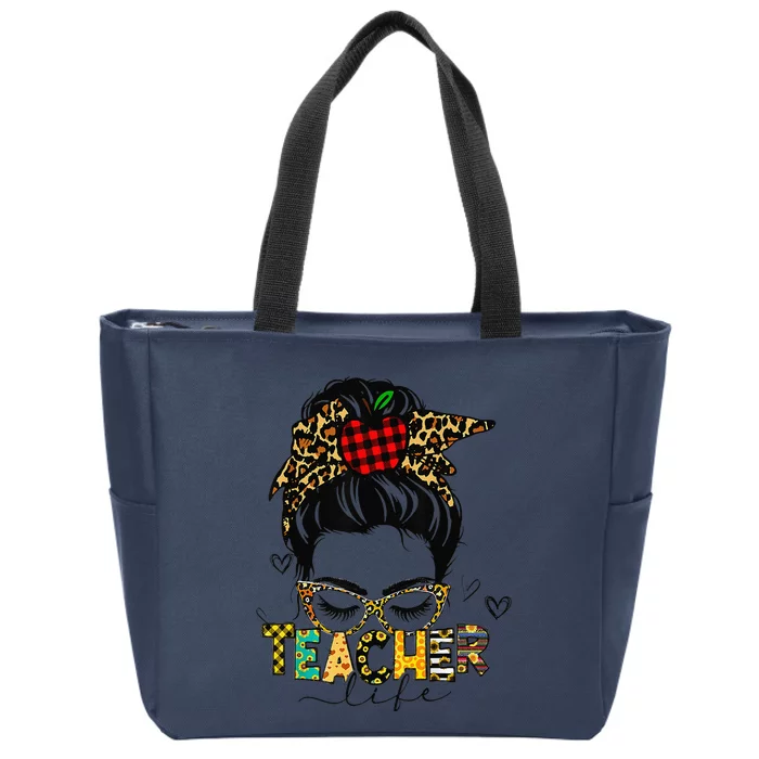 Teacher Life Messy Bun Back To School Leopard Decorative Zip Tote Bag