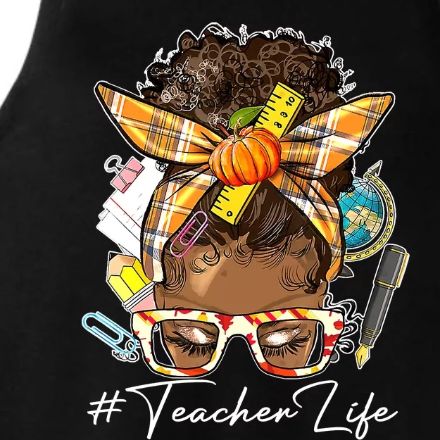 Teacher Life Messy Bun Afro Teacher American Thanksgiving Ladies Tri-Blend Wicking Tank