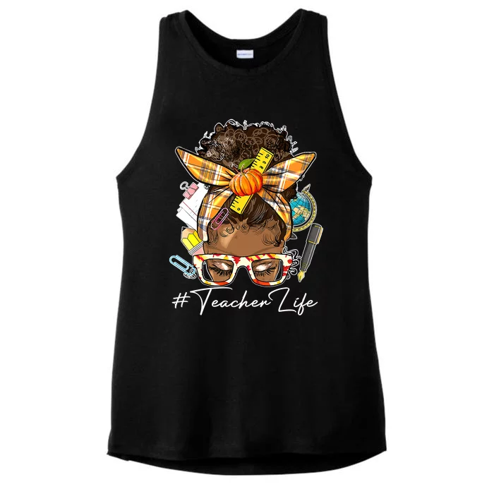 Teacher Life Messy Bun Afro Teacher American Thanksgiving Ladies Tri-Blend Wicking Tank