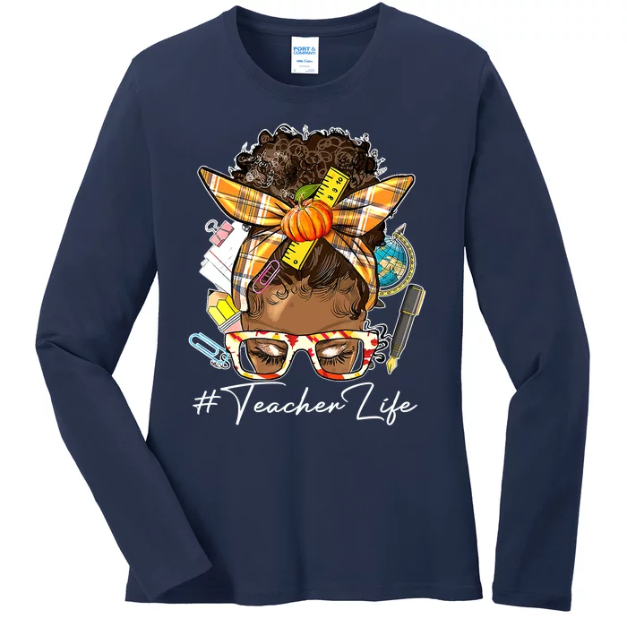 Teacher Life Messy Bun Afro Teacher American Thanksgiving Ladies Long Sleeve Shirt