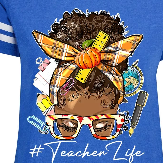 Teacher Life Messy Bun Afro Teacher American Thanksgiving Enza Ladies Jersey Football T-Shirt