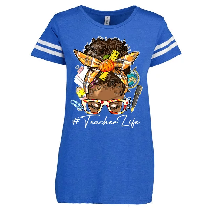 Teacher Life Messy Bun Afro Teacher American Thanksgiving Enza Ladies Jersey Football T-Shirt