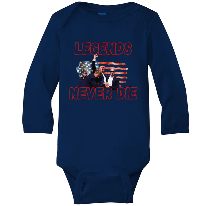 Trump Legends Never Die Fight Trump Assassination Attempt Baby Long Sleeve Bodysuit