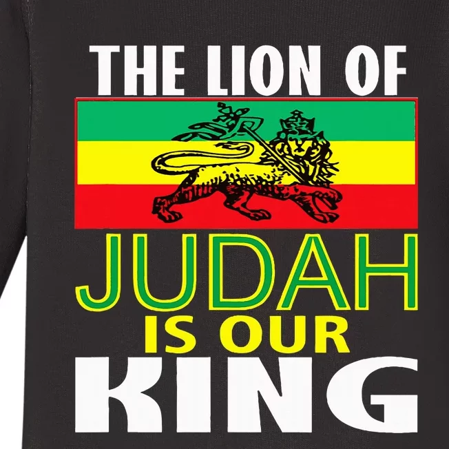 The Lion Of Judah Is Our King Jamaican Jamaican Flag Baby Long Sleeve Bodysuit