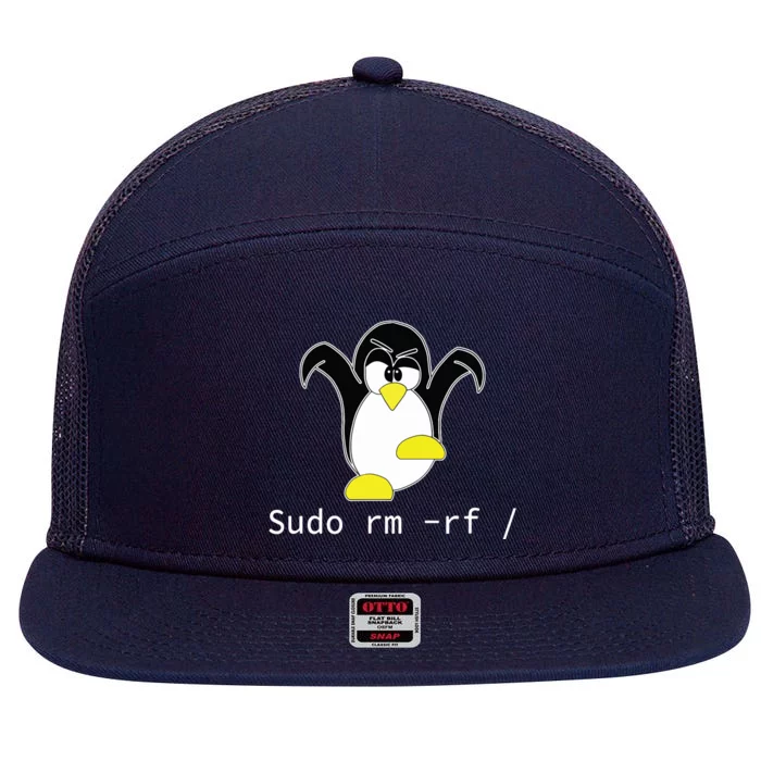 Tux Linux Penguin Sudo Rm Rf Programmer Developer Hacker 7 Panel Mesh Trucker Snapback Hat