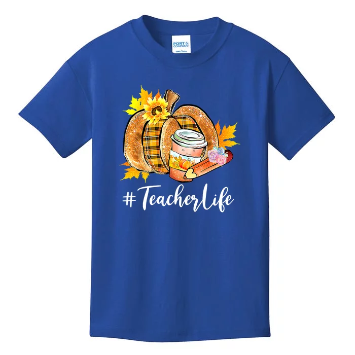 Teacher Life Pumpkin Latte Funny Fall Season Thanksgiving Kids T-Shirt