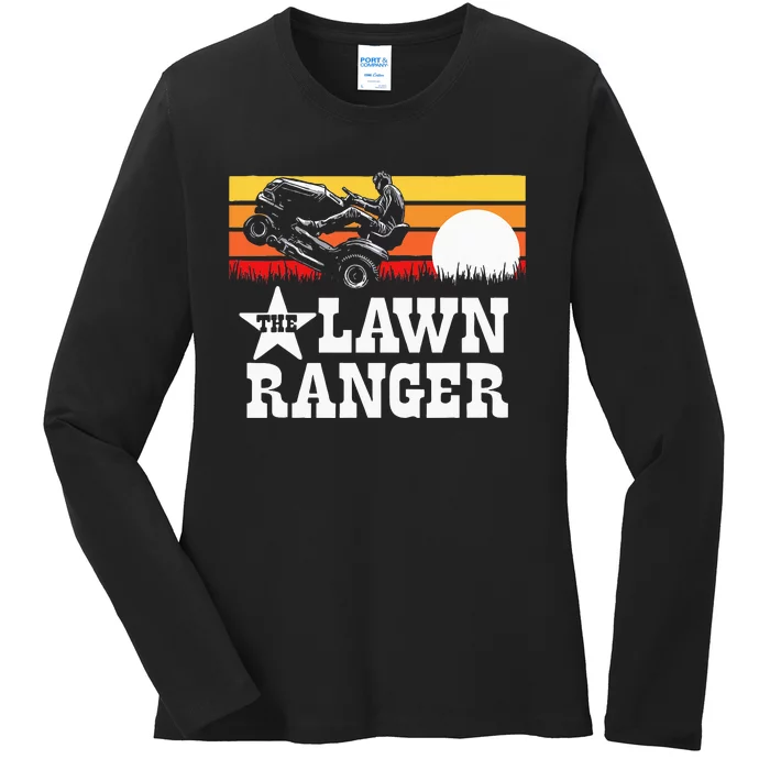 The Lawn Ranger Riding Lawn Mower Wheelie Funny Vintage Ladies Long Sleeve Shirt