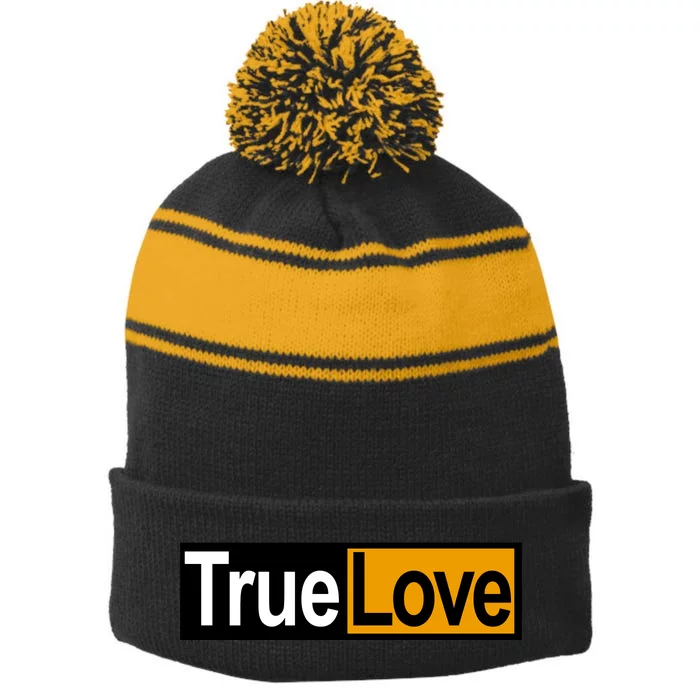 True Love Spoof Logo Stripe Pom Pom Beanie