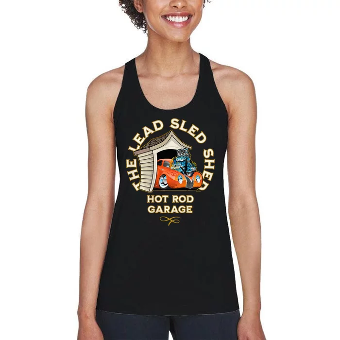 The Lead Sled Shed Vintage Car Hot Rod Garage Cartoon Women's Racerback Tank