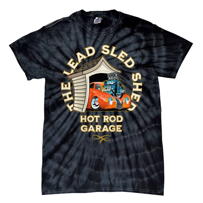 The Lead Sled Shed Vintage Car Hot Rod Garage Cartoon Tie-Dye T-Shirt