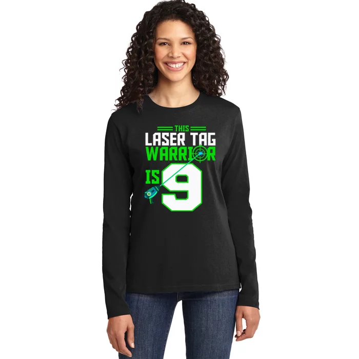 This Laser Tag Warrior Is 9 Gaming Birthday Party Ladies Long Sleeve Shirt