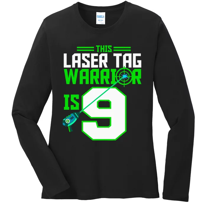 This Laser Tag Warrior Is 9 Gaming Birthday Party Ladies Long Sleeve Shirt