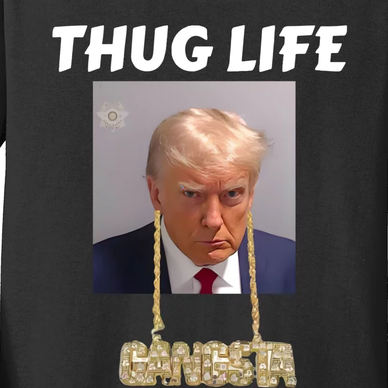 Thug Life Trump Mugshot Gangsta Gold Chain Bling Drip Trump Kids Long Sleeve Shirt