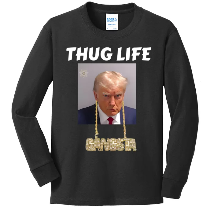 Thug Life Trump Mugshot Gangsta Gold Chain Bling Drip Trump Kids Long Sleeve Shirt