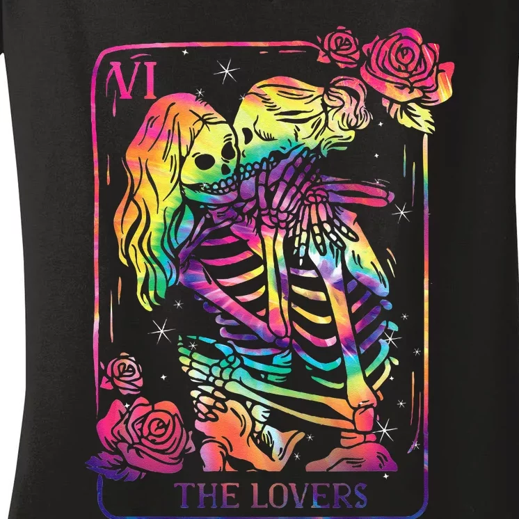 The Lovers Tarot Card Goth Kissing Lesbian Skeletons Women's V-Neck T-Shirt