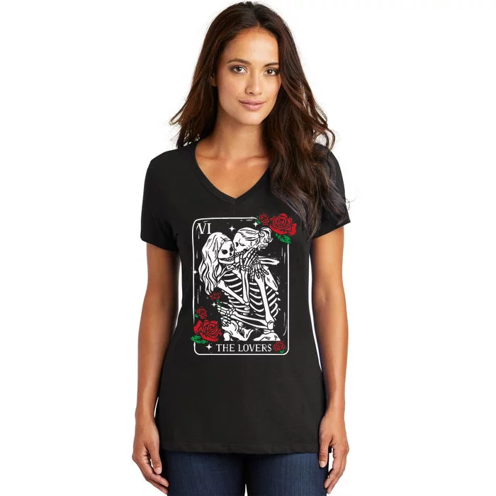 The Lovers Tarot Card Occult Skeleton Roses Gothic Kissing Women's V-Neck T-Shirt