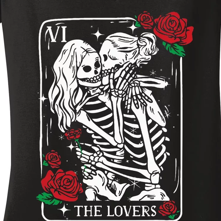 The Lovers Tarot Card Occult Skeleton Roses Gothic Kissing Women's V-Neck T-Shirt