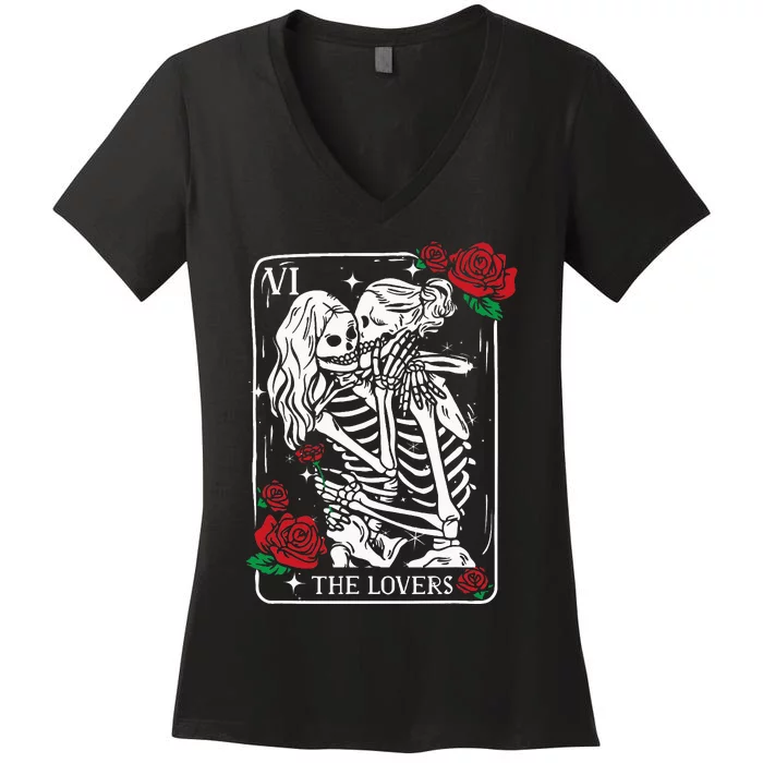 The Lovers Tarot Card Occult Skeleton Roses Gothic Kissing Women's V-Neck T-Shirt