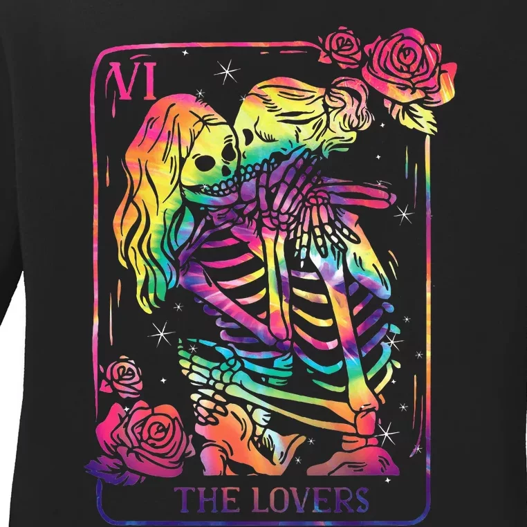 The Lovers Tarot Card Goth Tie Dye Kissing Lesbian Skeletons Ladies Long Sleeve Shirt