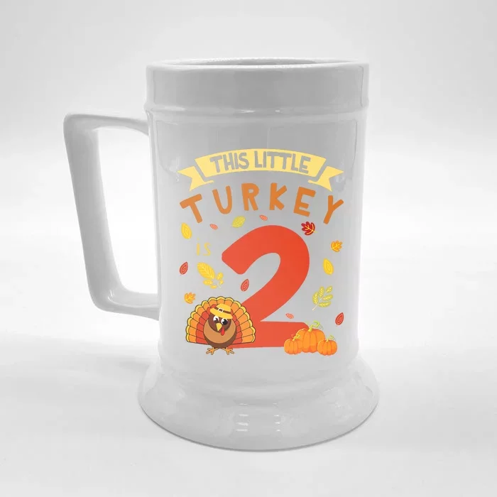 This Little Turkey Is 2 Years Happy Birthday Thanksgiving Front & Back Beer Stein